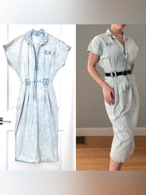 Vintage 80s Denim Midi Pencil Dress Zippered Acid Wash Jean Batwing Sleeves